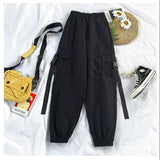 Purpdrank - Autumn Streetwear Pants High-Waist Straight Ribbon Cargo Pants Student Loose Short-Sleeved Shirt with Tie two-piece Set
