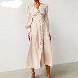 Purpdrank - Beige Single Breasted Sexy Dress Party Clud High Waist Satin Long Dress Elegant V Neck Women Midi Dresses Lantern Sleeve