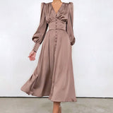 Purpdrank - Beige Single Breasted Sexy Dress Party Clud High Waist Satin Long Dress Elegant V Neck Women Midi Dresses Lantern Sleeve