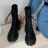 Purpdrank - New Mid Calf Boots Women Autumn Winter Fashion Lace-up Zipper Botas Mujer Boots Sports Platform Heel Ladies Shoes