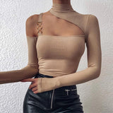 Purpdrank - Sexy Off Shoulder Cut Off Patchwork Spring Shirts Women Hollow Out O Neck Elegant Blouse Autumn Long Sleeve Rib Tops Blusas