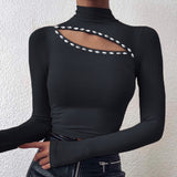 Purpdrank - Sexy Off Shoulder Cut Off Patchwork Spring Shirts Women Hollow Out O Neck Elegant Blouse Autumn Long Sleeve Rib Tops Blusas