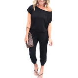 Purpdrank - Spring And Summer Fashion Women Slant Shoulder Casual Pocket Jumpsuit Short Sleeve New Solid Bodysuits Women Rompers