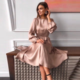 Purpdrank - Women Vintage Sashes Satin A-line Dress Lantern Sleeve O neck Solid Elegant Casual Party Dress Summer OL New Fashion Dress
