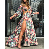 Purpdrank - Beach Dress Summer Floral Swimsuit Print Belt Bathing Suit Women Long Cover Up Off Shoulder Beachwear Bandeau Halt Swimsuit