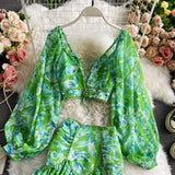 Purpdrank - Sexy Chiffon Two Piece Set Women Spring Autumn Elegant V-Neck Long Sleeve Short Tops + Ruffle Mini Skirt Female Printed Suit New