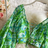 Purpdrank - Sexy Chiffon Two Piece Set Women Spring Autumn Elegant V-Neck Long Sleeve Short Tops + Ruffle Mini Skirt Female Printed Suit New