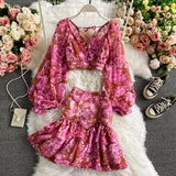 Purpdrank - Sexy Chiffon Two Piece Set Women Spring Autumn Elegant V-Neck Long Sleeve Short Tops + Ruffle Mini Skirt Female Printed Suit New