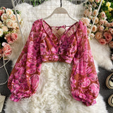Purpdrank - Sexy Chiffon Two Piece Set Women Spring Autumn Elegant V-Neck Long Sleeve Short Tops + Ruffle Mini Skirt Female Printed Suit New