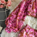 Purpdrank - Sexy Chiffon Two Piece Set Women Spring Autumn Elegant V-Neck Long Sleeve Short Tops + Ruffle Mini Skirt Female Printed Suit New