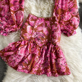Purpdrank - Sexy Chiffon Two Piece Set Women Spring Autumn Elegant V-Neck Long Sleeve Short Tops + Ruffle Mini Skirt Female Printed Suit New