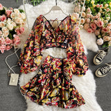 Purpdrank - Sexy Chiffon Two Piece Set Women Spring Autumn Elegant V-Neck Long Sleeve Short Tops + Ruffle Mini Skirt Female Printed Suit New