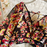 Purpdrank - Sexy Chiffon Two Piece Set Women Spring Autumn Elegant V-Neck Long Sleeve Short Tops + Ruffle Mini Skirt Female Printed Suit New