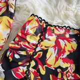 Purpdrank - Sexy Chiffon Two Piece Set Women Spring Autumn Elegant V-Neck Long Sleeve Short Tops + Ruffle Mini Skirt Female Printed Suit New