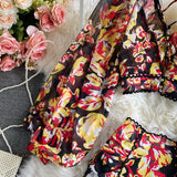 Purpdrank - Sexy Chiffon Two Piece Set Women Spring Autumn Elegant V-Neck Long Sleeve Short Tops + Ruffle Mini Skirt Female Printed Suit New