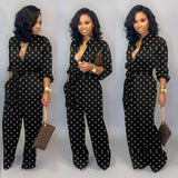 Purpdrank - New Fashion Jumpsuit For Women Dot Black White Rompers Button Up Self Belted Pockets Womens Jumpsuit Casual Loose Romper