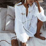 Purpdrank - Women Swimsuit Cover Up Sleeve Kaftan Beach Tunic Dress Robe De Plage Solid White Cotton Pareo  High Collar Beachwear