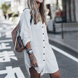 Purpdrank - Women Swimsuit Cover Up Sleeve Kaftan Beach Tunic Dress Robe De Plage Solid White Cotton Pareo  High Collar Beachwear
