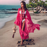 Purpdrank - Women Swimsuit Cover Up Sleeve Kaftan Beach Tunic Dress Robe De Plage Solid White Cotton Pareo  High Collar Beachwear