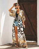Purpdrank - Women Swimsuit Cover Up Sleeve Kaftan Beach Tunic Dress Robe De Plage Solid White Cotton Pareo  High Collar Beachwear