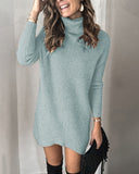 Purpdrank - Fashion Turtleneck Long Sleeve Sweater Dress Women Autumn Winter Loose Tunic Knitted Casual Pink Gray Clothes Solid Dresses