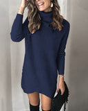Purpdrank - Fashion Turtleneck Long Sleeve Sweater Dress Women Autumn Winter Loose Tunic Knitted Casual Pink Gray Clothes Solid Dresses