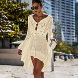 Purpdrank - Backless Sexy Knitted Dress Women Summer Long Sleeve Open Back See Through Beach Cover Mini Dress Femme Clubwear
