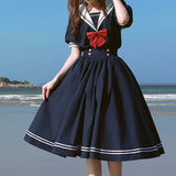 Purpdrank - Harajuku Sailor Collar Navy Dress Japanese Lolita Sweet Bow-knot Girl Retro Kawaii Preppy Style Short Sleeve Dress Women
