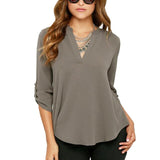 Purpdrank - New Spring Women V Neck Chiffon Blouse Elegant Solid Roll Up Long Sleeve Casual Solid Office Shirt Plus Size 5XL Lady Blouse Top