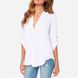 Purpdrank - New Spring Women V Neck Chiffon Blouse Elegant Solid Roll Up Long Sleeve Casual Solid Office Shirt Plus Size 5XL Lady Blouse Top