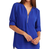 Purpdrank - Women Blouses Summer Elegant V Neck Roll Up Long Sleeve Zipper Tunic Chiffon Tops Casual Loose Blue Shirt Female S-5XL Plus Size
