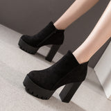 Purpdrank - Fashion New Women's Side Zipper Ankle Boots Platform Thick High Heel 10/12 Cm Ladies Boots Winter Woman Shoes Black Boot