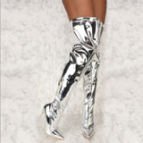 Purpdrank - Women Sexy Silver Mirror Thigh High Boots T Show Pointy Toe Club Party Shoes Thin High Heels Over The Knee Long Boots For Women