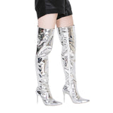 Purpdrank - Women Sexy Silver Mirror Thigh High Boots T Show Pointy Toe Club Party Shoes Thin High Heels Over The Knee Long Boots For Women