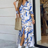 Purpdrank - Fashion Women Long Sleeve Shirt Dress Autumn  Printed OL Long Dresses Laides Turn-down Collar Loose Sundress Party Dresses