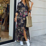 Purpdrank - Fashion Women Long Sleeve Shirt Dress Autumn  Printed OL Long Dresses Laides Turn-down Collar Loose Sundress Party Dresses