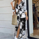 Purpdrank - Fashion Women Long Sleeve Shirt Dress Autumn  Printed OL Long Dresses Laides Turn-down Collar Loose Sundress Party Dresses