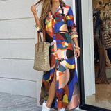Purpdrank - Fashion Women Long Sleeve Shirt Dress Autumn  Printed OL Long Dresses Laides Turn-down Collar Loose Sundress Party Dresses