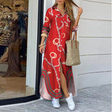 Purpdrank - Fashion Women Long Sleeve Shirt Dress Autumn  Printed OL Long Dresses Laides Turn-down Collar Loose Sundress Party Dresses