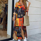 Purpdrank - Fashion Women Long Sleeve Shirt Dress Autumn  Printed OL Long Dresses Laides Turn-down Collar Loose Sundress Party Dresses