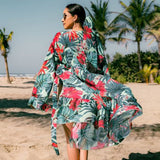 Purpdrank - Women Swimsuit Cover Up Sleeve Kaftan Beach Tunic Dress Robe De Plage Solid White Cotton Pareo  High Collar Beachwear