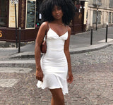 Purpdrank - Elegant V Neck Ruffles Strap Sexy Bodycon Dress For Women 2023 Summer Sleeveless Office Lady Vintage Party White Dress