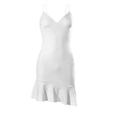 Purpdrank - Elegant V Neck Ruffles Strap Sexy Bodycon Dress For Women 2023 Summer Sleeveless Office Lady Vintage Party White Dress