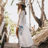 Purpdrank - Women Swimsuit Cover Up Sleeve Kaftan Beach Tunic Dress Robe De Plage Solid White Cotton Pareo  High Collar Beachwear