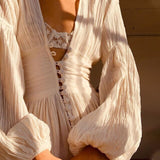 Purpdrank - Spring Women Boho Dress French Style Romance V Neck Single-breasted Long Sleeve Maxi Dress Bohemian Holiday Clothes