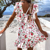 Purpdrank - Summer Butterfly Sleeve Floral Print Dress Women Ruffle Square Collar Back Lace-up Sundress Boho A Line Beach Party Dress