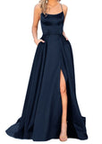 Purpdrank - Women's Halter Satin Long Prom Dresses with Pockets Criss Cross Open Back Side Slit Dinner Party Dresses