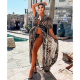 Purpdrank - Women Swimsuit Cover Up Sleeve Kaftan Beach Tunic Dress Robe De Plage Solid White Cotton Pareo  High Collar Beachwear