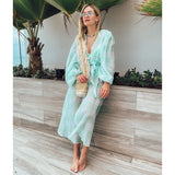 Purpdrank - Women Swimsuit Cover Up Sleeve Kaftan Beach Tunic Dress Robe De Plage Solid White Cotton Pareo  High Collar Beachwear