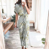 Purpdrank - Women Summer Elegant Button Ruched Bandage Shirt Dress Fashion Casual Short Sleeve Solid V Neck Beach Maxi Dress